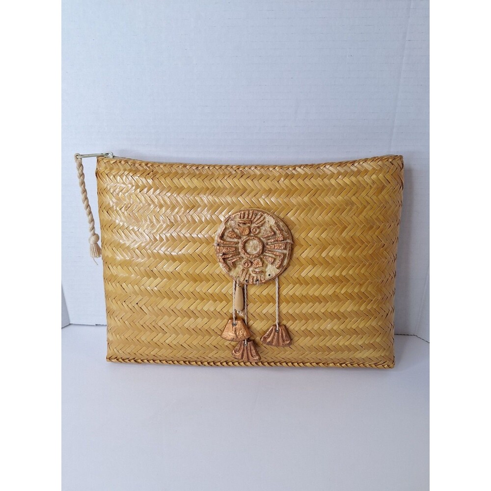 HANDWOVEN STRAW CLUTCH‎ PURSE TAN STRAW TASSEL HANDBAG VINTAGE STRAW JUTE